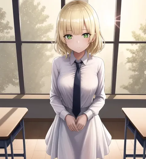 ((masterpiece)),(((best quality))), ((ultra-detailed)), ((illustration)), masterpiece, best quality, highres, {beautiful detailed eyes}, finely detail, 4k wallpaper, beautiful detailed eyes, standing in a classroom, sunshine through windows
1girl, (solo:1.5), short blonde hair, (hair ribbon:0.4), green eyes, wearing dress shirt and white necktie