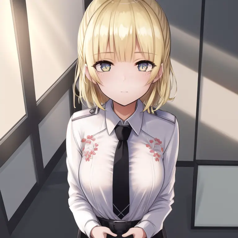((masterpiece)),(((best quality))), ((ultra-detailed)), ((illustration)), masterpiece, best quality, highres, {beautiful detailed eyes}, finely detail, 4k wallpaper, beautiful detailed eyes, standing in an office, sunshine through windows
1girl, (solo:1.5), short blonde hair, (hair ribbon:0.4), red eye, wearing (black suit and white shirt and necktie)