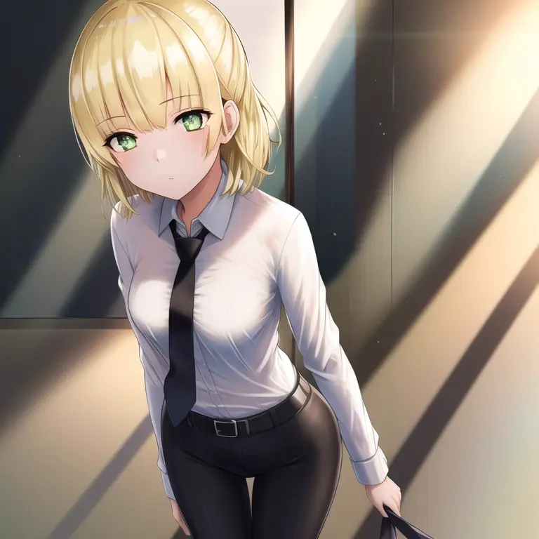 ((masterpiece)),(((best quality))), ((ultra-detailed)), ((illustration)), masterpiece, best quality, highres, {beautiful detailed eyes}, finely detail, 4k wallpaper, beautiful detailed eyes, standing in an office, sunshine through windows
1girl, (solo:1.5), short blonde hair, (hair ribbon:0.4), green eyes, wearing (black suit and white shirt and necktie)