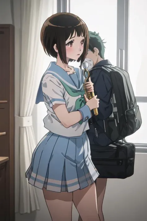 best quality, masterpiece, highres, solo, {nakaseko_kaori_soundeuphonium:1.15}, short_hair, brown_hair, serafuku, mole, mole_under_eye, blush, red_eyes, bangs, blurry