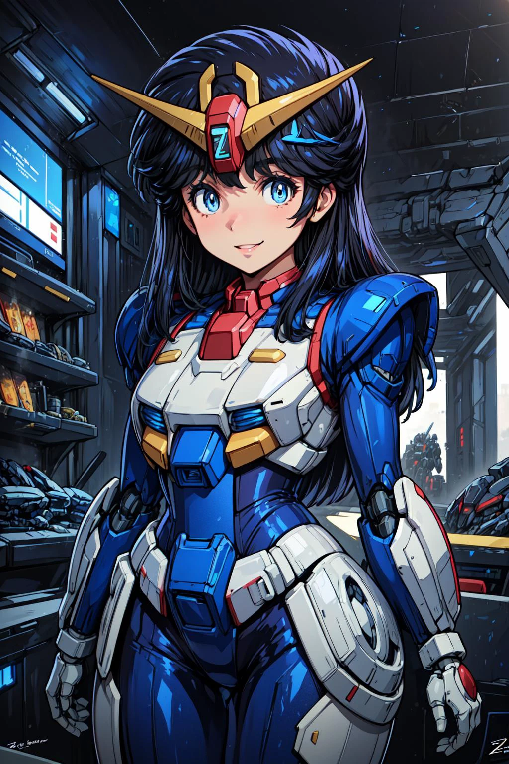 masterpiece,best quality,1girl,z-chan,blue eyes,black hair,long hair,(hair ornament,v-fin),mecha musume,bodysuit,fortified suit,mechanical parts,robot joints,full armor,robot,(gundam,zeta gundam:1.2),smile,(science fiction,scifi,sci-fi),cowboy shot,<lora:Concept-control tool-add_detail-CyberAIchemist:0.6>,<lora:Z-chan_lora_ver1:0.7>,<lora:Clothing-Mecha Musume + Gundam + Mecha Slider-Lykon:0.5>,