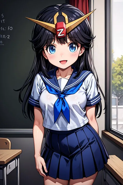 masterpiece,best quality,1girl,z-chan,blue eyes,black hair,long hair,hair ornament,school uniform,serafuku,short sleeves,pleated skirt,smile,open mouth,(arms behind back),classroom,chalkboard,window,<lora:Concept-control tool-add_detail-CyberAIchemist:0.8>,<lora:Z-chan_lora_ver1:0.6>,