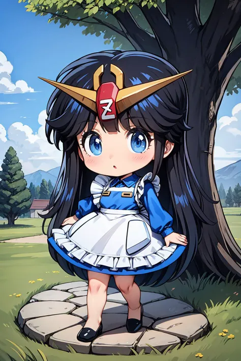 masterpiece,best quality,1girl,chibi,z-chan,blue eyes,black hair,long hair,hair ornament,blue dress,long sleeves,white apron,village,tree,grass,stone walkway,<lora:Concept-control tool-add_detail-CyberAIchemist:0.8>,<lora:Z-chan_lora_ver1:0.7>,