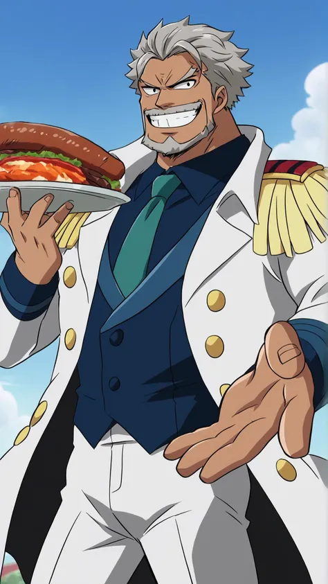 <lora:Monkey_D._Garp_V2:0.7> 1boy, Garp, male focus, solo, gray hair, beard, mustache, necktie, white pants, epaulettes, <lora:Beckoning_XLPD:0.8> beckoning, reaching towards viewer, boned meat, plate, food, steak, grin, score 9, score 8 up, score 7 up, score 6 up, score 5 up, score 4 up, BREAK,