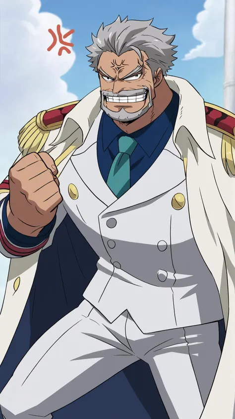 <lora:Monkey_D._Garp_V2:0.8> 1boy, Garp, male focus, solo, gray hair, beard, mustache, necktie, white pants, epaulettes, anger vein, clenched hand, raised fist, grin,, score 9, score 8 up, score 7 up, score 6 up, score 5 up, score 4 up, BREAK,