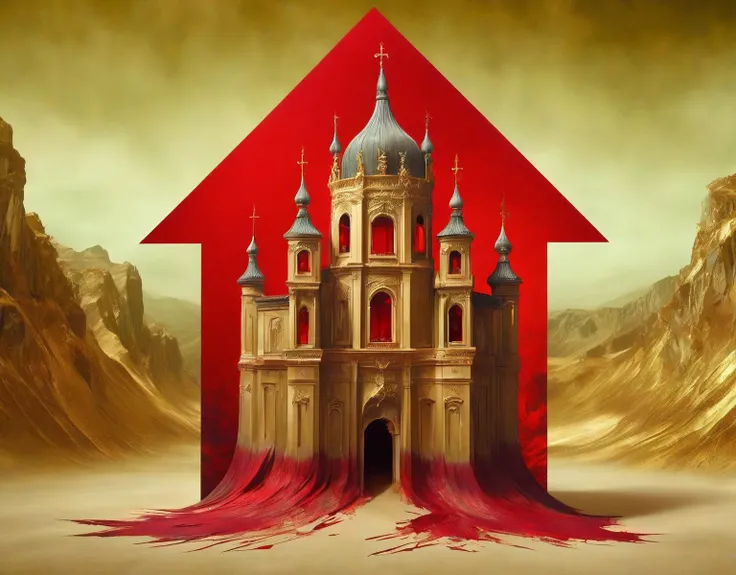 arthouse, sgraffito, Ruby Red, Beige and Olive "The sad, angry, grieving of Building", layered textures, most beautiful artwork in the world, Best quality, photolab, fairy tale, Gold Leafing, Trendercore, Golden ratio, 4K