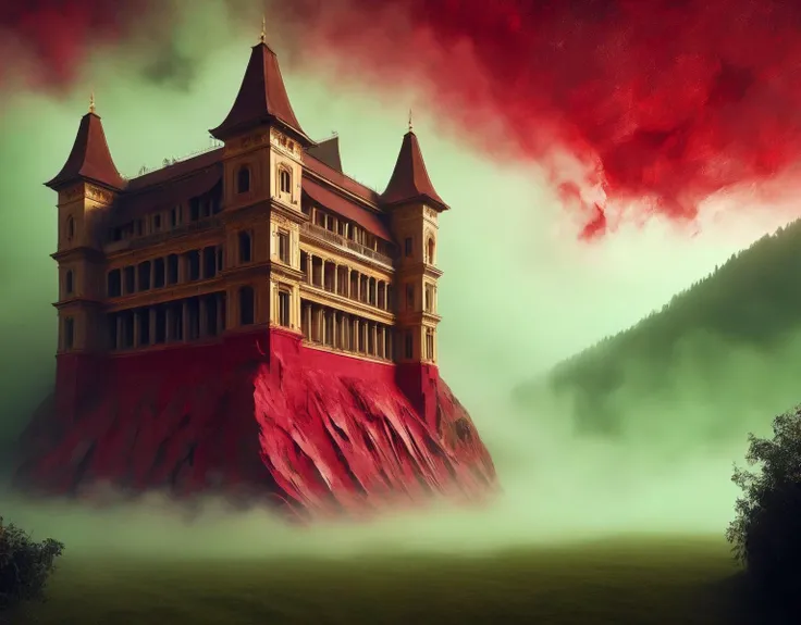 arthouse, sgraffito, Ruby Red, Beige and Olive "The sad, angry, grieving of Building", layered textures, most beautiful artwork in the world, Best quality, photolab, fairy tale, Gold Leafing, Trendercore, Golden ratio, 4K