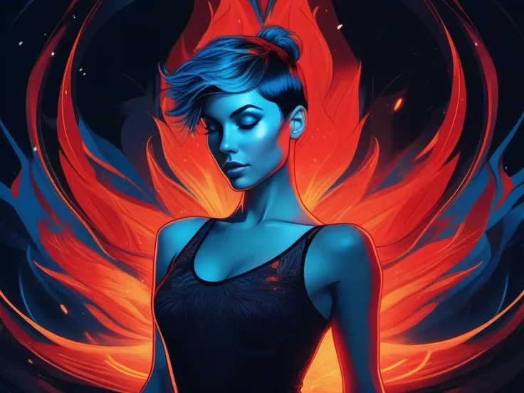 inkpunk style illustration of a beautiful ballerina with (black|red|blue) short hair, half body, circle of flame in the background
, detailed face, skin pores, cinematic shot, dramatic lighting,
photo by Marco Pandullo, raw photo, 8k UHD,glamour, , flowing hair, fireflies, blue tones
