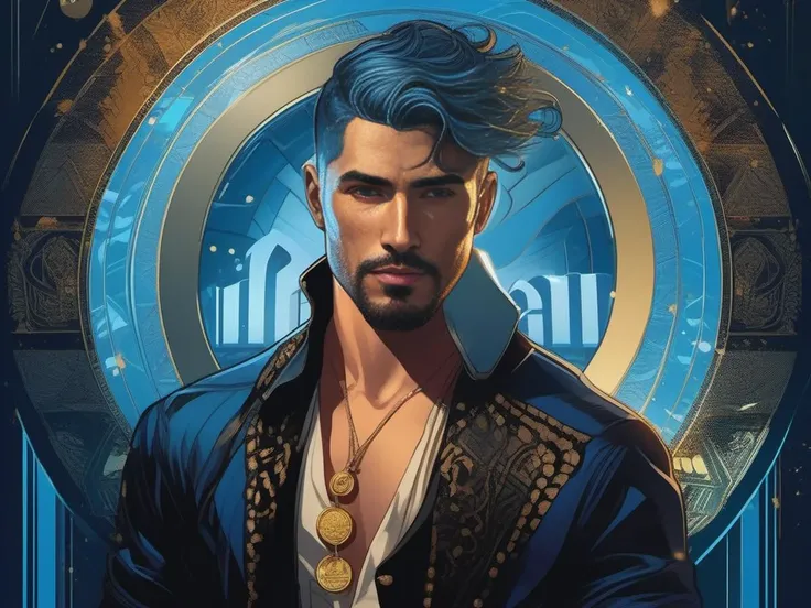 inkpunk style illustration of a beautiful amazon man with (black|red|blue) short hair, half body, circle of gold and brown money in the background
, [detailed face], skin pores, cinematic shot, dramatic lighting, airy shoes, half body, full body,
photo by Marco Pandullo, raw photo, 8k UHD,glamour, , flowing hair, fireflies, blue tones <lora:sdxl_lora_pawelT:1>
