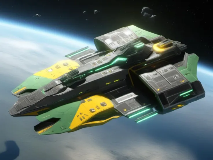 spacefighter look like a green and yellow ((enterprice)), a very small asteroids in the background, star trek,
unreal engine 5 render, a detailed matte photo, photorealism,
crystal clear,(high contrast),
(Gorgeous Photo:1.3) of (Ultra detailed:1.3), 8k, masterpiece, ((ultra detailed:1.1)), 16k textures, cinematic look, intricate,epic, UHD, DSLR,
<lora:sdxl_lora_ships:1>