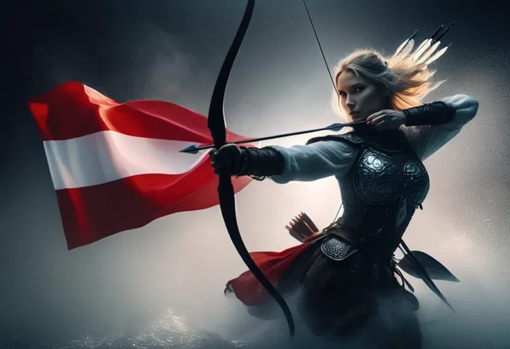 a beautiful polish archer jumping out of the water wrapped in the polish flag. in one hand she holds a royal scimitar sword, on her shoulder a pukler with an emblem, inkpunk style,thematic background, side light, rim lighting, studio lighting, ultra quality, sharp focus, film grain, Fujifilm XT3, highly detailed glossy eyes, high detailed skin, skin pores, winter, snowing,
dark fantasy, romantic,dynamic fighting pose,,natural pose, dark fantasy style, raw, uhd, dslr, em 80mm, dslr, hdr, , cinematic shot, dark fantasy, style,raw photo, glowing neon fog, dslr, raw, 16k UHD,
<lora:sdxl_lora_archer:0.9>  <lora:PerfectEyesXL:0.8> perfecteyes