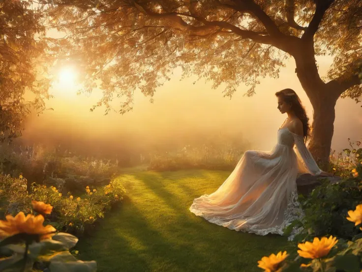 woman in dream, garden, sunrise<lora:sdxl_lora_dream:1>