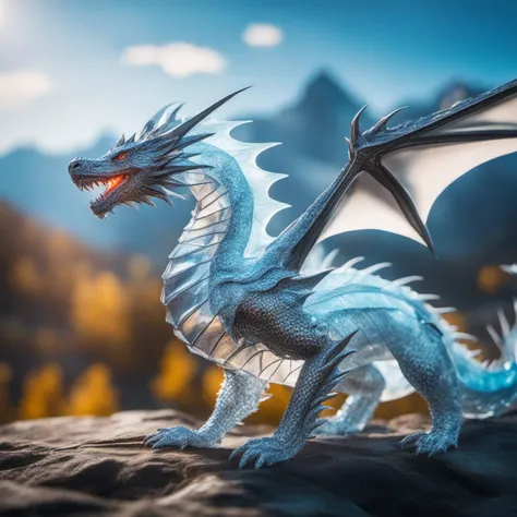 Insane a magican young transparency dragon, liquid skin, all body make from liquid, transparency electrical liquid body, liquid body, mountains in the background, sunny, aura, octane render, Unreal Engine 5, Cinematic, Color Grading, portrait Photography, Ultra-Wide Angle, Depth of Field, hyper-detailed, insane details, Photoshoot, Shot on 70mm lens, Tilt Blur, Shutter Speed 1/1000, F/22And, by aderek, by Pawel Tomczuk