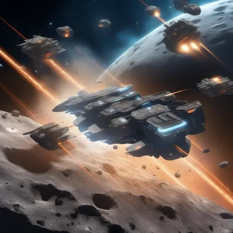 space battle around asteroid space station, destroyed space ship in the background, lasers beams, nebula,<lora:sdxl_lora_ships:1>