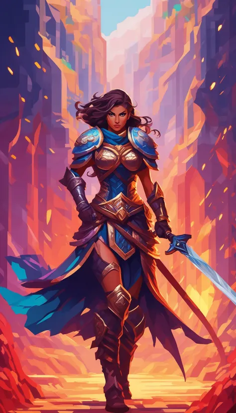 Pixel art of a fierce female warrior with a sword and shield in a fantasy setting, featuring vibrant colors, dynamic lighting, and a dramatic, epic mood