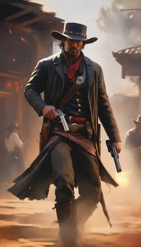 Intricate dynamic action shot of cowboy in a shootout, cinematic Steve Henderson Fabian Perez Henry Asencio Jeremy Mann Marc Simonetti Fantasy, red dead redemption 2 atmosphere, cinematic, photograph