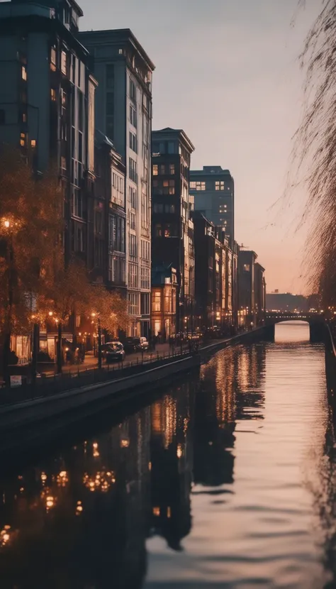 cinematic photo of a city by the river, 35mm photograph, film, bokeh, professional, 4k, highly detailed