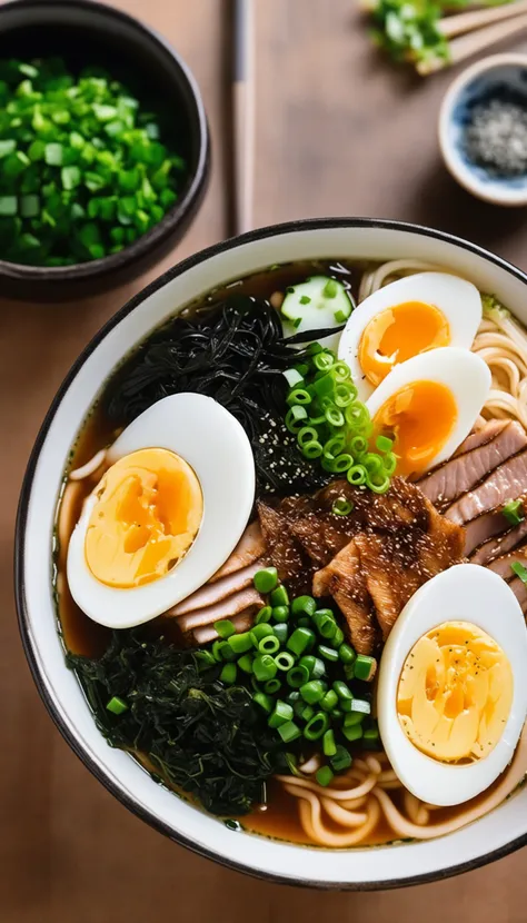 bowl of steaming hot ramen noodles, with a variety of toppings including sliced pork, boiled egg, green onions, and a sheet of nori (dried seaweed). The broth looks rich and flavorful, likely made from a combination of chicken, pork, and dashi.