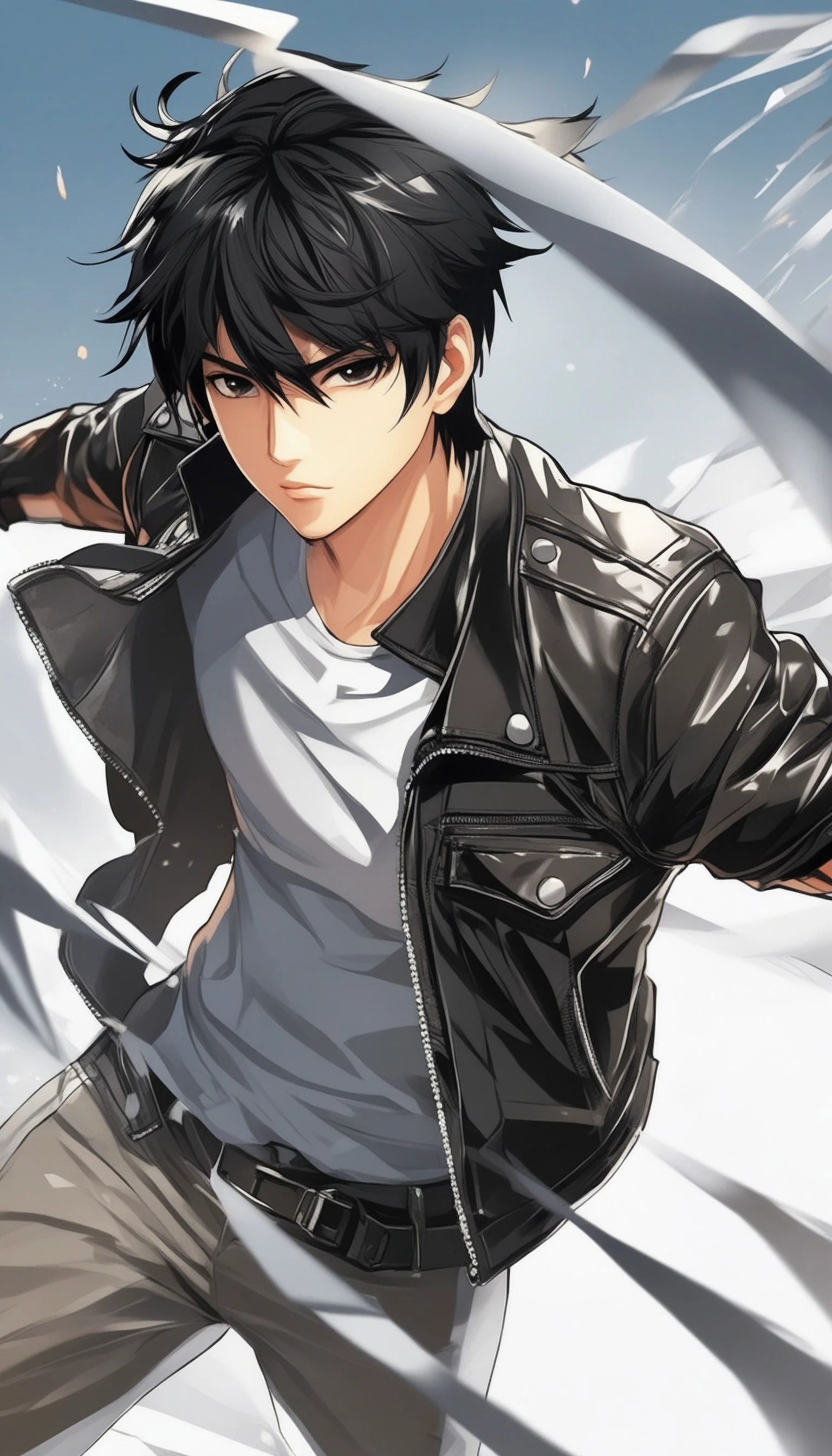 1boy, black hair, white background, short cut hair, leather jacket, tshirt, upper body, detailed shape, detailed line, art of fighting attitude, color manga style