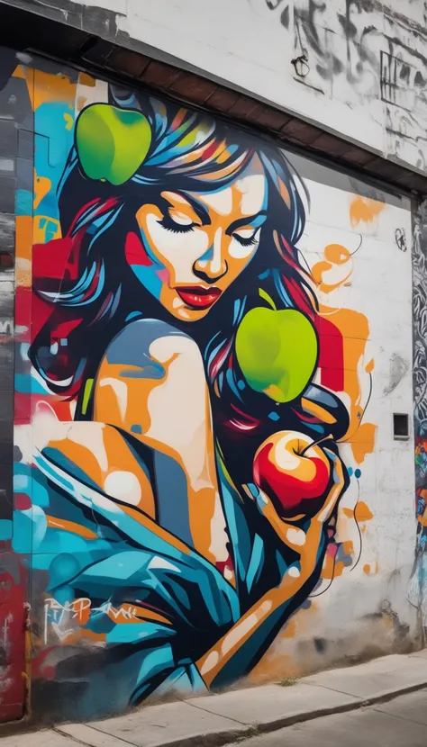 graffiti of a woman eating an apple in a wall, street art, vibrant, urban, detailed, tag, mural