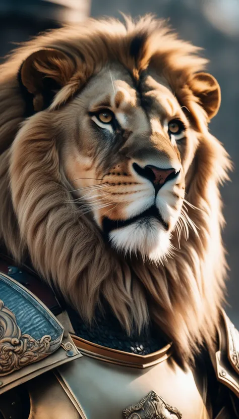 a lion in armor poses for a picture, cinematic close shot