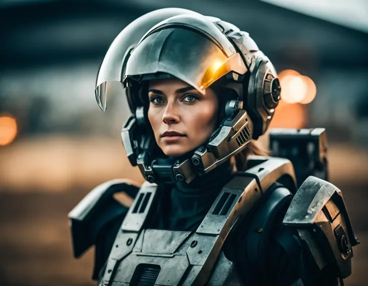 cinematic film still portrait of a solo female mech pilot standing in front of her (large combat mech:1.3), scifi armor, military base, heavy wind, scifi helmet in hand, visor, detailed eyes, dry skin, skin fuzz, visible skin hair, skin blemishes ,, shallow depth of field, vignette, highly detailed, high budget Hollywood film, bokeh, cinemascope, moody, epic, gorgeous, film grain