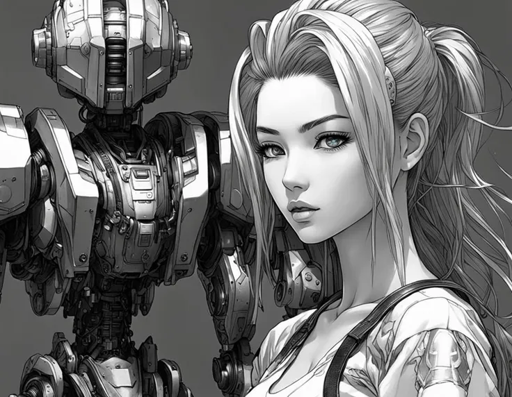 (Gorgeous manga:1.3) of (Ultra detailed manga:1.3), 8k, masterpiece, ((ultra detailed:1.1)), natural skin texture, 8k textures,
glowing eyes,pencil sketch style, perfect european face,morning, woman in cyberpunk t-shirt against battle robot, electronic  bra, dark fantasy genre,(Gorgeous Photo:1.4) of (Ultra detailed:1.4), 16k, masterpiece,  16k textures, cinematic look, intricate,dream shaper photography, manga style