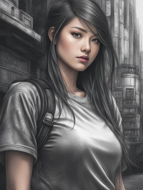 (Gorgeous manga:1.3) of (Ultra detailed manga:1.3), 8k, masterpiece, ((ultra detailed:1.1)), natural skin texture, 8k textures,
glowing eyes,pencil sketch style, perfect european face,morning, woman in cyberpunk t-shirt, dark fantasy genre,(Gorgeous Photo:1.4) of (Ultra detailed:1.4), 16k, masterpiece,  16k textures, cinematic look, intricate,dream shaper photography,