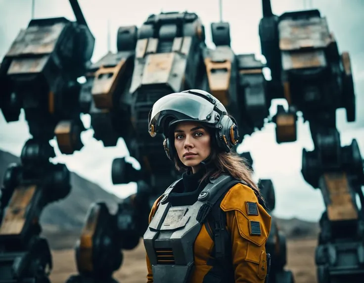 cinematic film still portrait of a solo female mech pilot standing in front of her (large combat mech:1.3), scifi armor, military base, heavy wind, scifi helmet in hand, visor, detailed eyes, dry skin, skin fuzz, visible skin hair, skin blemishes ,, shallow depth of field, vignette, highly detailed, high budget Hollywood film, bokeh, cinemascope, moody, epic, gorgeous, film grain