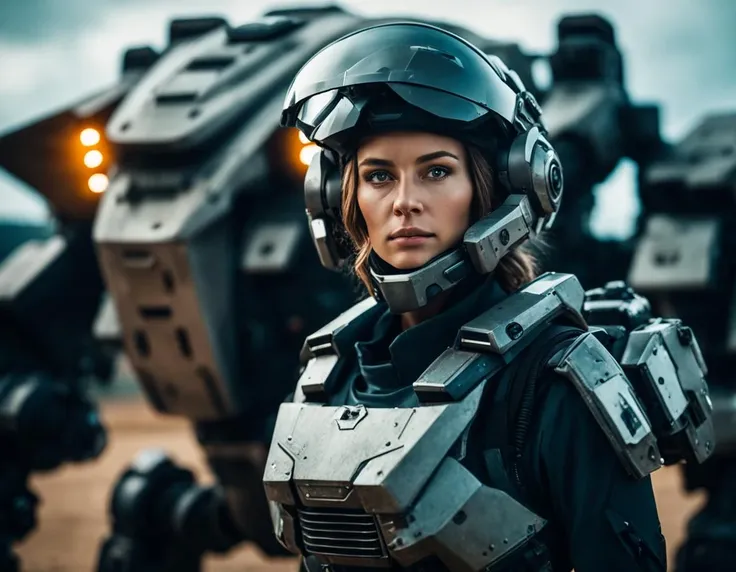 cinematic film still portrait of a solo female mech pilot standing in front of her (large combat mech:1.3), scifi armor, military base, heavy wind, scifi helmet in hand, visor, detailed eyes, dry skin, skin fuzz, visible skin hair, skin blemishes ,, shallow depth of field, vignette, highly detailed, high budget Hollywood film, bokeh, cinemascope, moody, epic, gorgeous, film grain