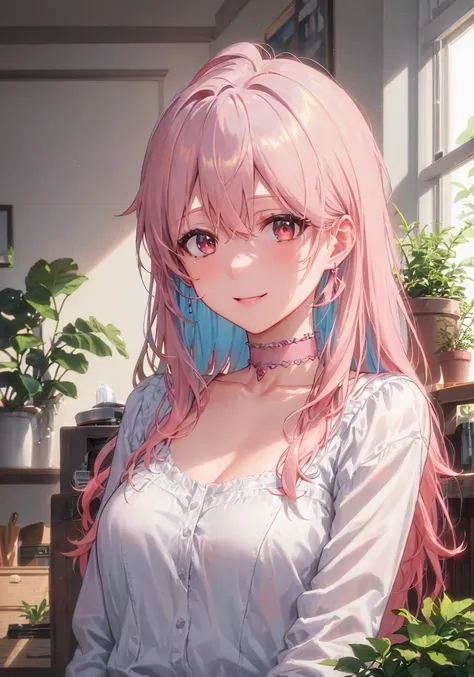 ((masterpiece)), breasts, looking_at_viewer, short hair, (multicolored_eyes:1.5), (pink hair:1.8), bangs, blue_eyes, ((light_smile)), (long locks:1.4), (ribbon earrings), masterpiece, best quality, high quality, absurdres, shiny skin, colorful, dynamic pose, stunning art, best quality, hyper detailed, dynamic angle, beatlful detailed, reflective hair, good lighting, ray tracing, depth of field, ultra-detailed, illustration, Amazing, fine detail, extremely detailed, ((ultra-detailed)), (beautiful detailed girl), beautiful detailed glow, intricate detail, highres, an extremely delicate and beautiful, beautiful detailed eyes, realistic, hdr, rounded eyes, detailed facial features, (illustration), (beautiful detailed eyes), ((very detailed face)), depth_of_field, eyebrows_visible_through_hair, frills, looking_at_viewer, (upper body:1.4), clothes reflecting light, (light diffraction on skin: 1.35), (glossy skin: 1.55), (Iridescence Effect: 1.55), collarbone, white_shirt, long_sleeves, choker, flower, camera, (indoor, potted plant:1.5), critical angle, <lora:LoRA_MahiroOyamaAdult:0.6>