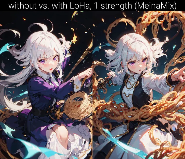 colorful, 1girl, white hair, purple eyes, (wielding spaghettimancer magic:1.1), blue flames, glowing, light particles, wallpaper, chromatic aberration, <lora:garbage-bin-LoHa-stronger:1>