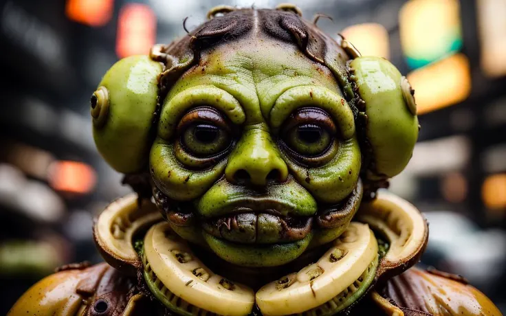 portrait (photo:1.2) of an eyeballpunk boglin, disheveled, bleak, horrid, mushy peas, stale quality, wearing clothes, banana gear, terrible, stark cinematic lighting, detailed face, looking at viewer, disturbing <lora:garbage-bin-LoHa-stronger:1.3>