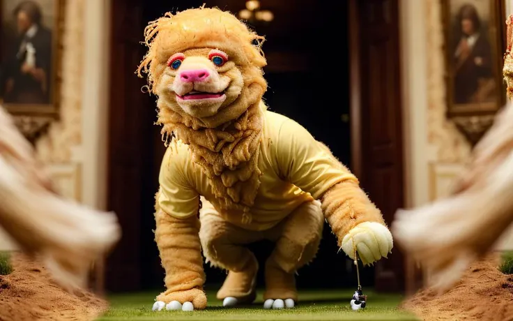 (photo:1.2) of Joe Biden, shit-puma, shreking, on a golf course, cinestill, with a weird like sick muppet, sneakingiper, delicate location, chaosony, covered in strong alcoholic sauce, dream toilet <lora:garbage-bin-LoHa-stronger:1>