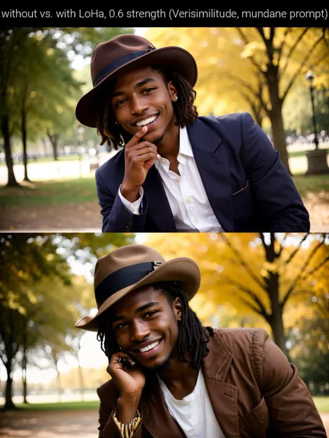 f/2.0 (upper body) raw (photo:1.2) of a (charming) young man, jacket, powerful energy or something idk. (charismatic smile:1.2) and that glint in his eye. fedora, in the (park:1.2), leaning, brown skin, kodak vision 3, Leica MP, warm sunlight <lora:garbage-bin-LoHa-stronger:0.6>