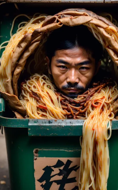 f/2.0 closeup (photo:1.2), (Lo Hatake) peeking from inside a garbage bin full of spaghetti, being a stealthy little bastard. he's like a ninja or some shit. crazy dude but he's the best around <lora:garbage-bin-LoHa-stronger:0.7>