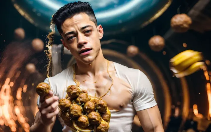 (photo:1.2) of Rami Malek, demonstrating banana peel meatballs, in the sky, on the astral plane, in the cosmos, celestial <lora:garbage-bin-LoHa-stronger:1.2> 