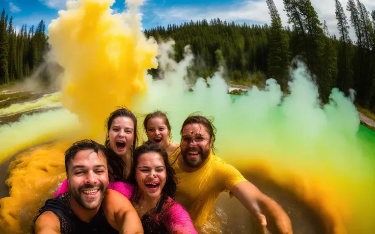 24mm f/2.0 family selfie epic action (photo:1.2), a family vacation at (boiling:1.2) hot (acid) geyser springs in Washington state <lora:garbage-bin-LoHa-concepts:0.75>