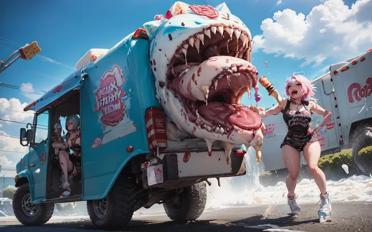 a (hungry:1.3) (fear-plated greebled:1.2) (living ice cream truck) with sharp lamprey teeth chasing after a terrified generic fuckin waifu idk <lora:garbage-bin-LoHa-concepts:1.3>