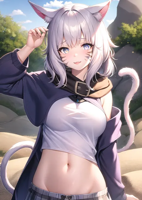 y'shtola_tpa, 1girl, poncho, desert, rocks, whisker markings, global lighting, navel, facial mark, depth of field, cat tail, highly detailed, absurdres, masterpiece, <lora:Y'shtola Kangaxx:0.9>