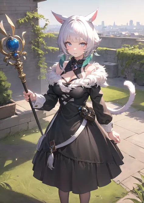 y'shtola_tpa, 1girl, long black dress, fur-trimmed dress, facial mark, feather earrings, breasts, cleavage, night, standing, staff, cat tail, miqo'te, outdoors, vegetation, building, highly detailed, absurdres, masterpiece,   <lora:Y'shtola Kangaxx:1>
