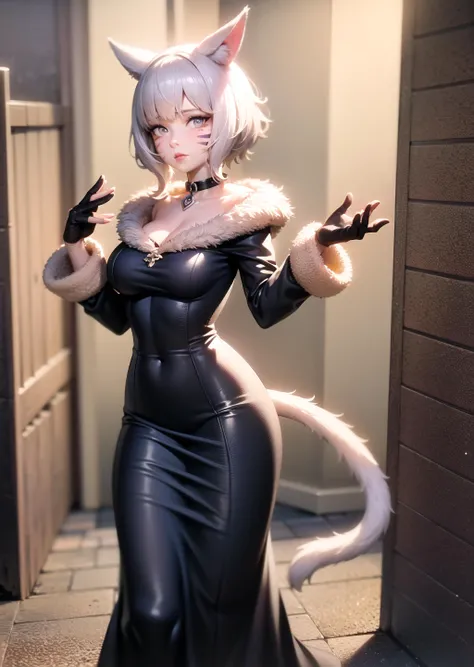 y'shtola_tpa, 1girl, long back dress, fur-trimmed dress, (facial mark), whisker markings, (cat tail:0.9), choker, medium breasts, partially fingerless gloves, back alley, day, soft lighting, highly detailed, absurdres, masterpiece,   <lora:Y'shtola Kangaxx:0.9>