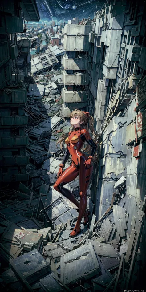 from above, wide angle shot, <lora:AsukaLangleySouryuuV2-000015:0.75> souryuu asuka langley, interface headset, red bodysuit, standing on top a building, post apocalypse, destroyed tokio, tokyo, (starry night:1.3) <lora:XSArchi_01:0.7>