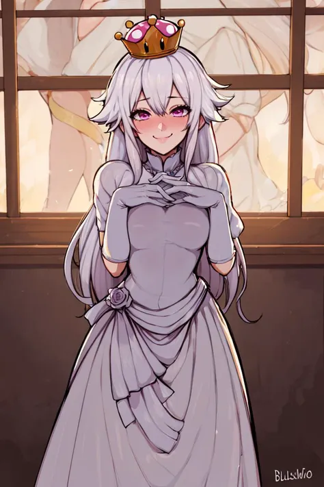 <lora:afrobull_style:0.8>, , ((masterpiece,best quality)), absurdres, <lora:Boosette_Mario_Anime:0.9>, Boosette_Mario, 1girl, long hair, white hair, long white dress, ballroom dress, white gloves,  solo, smiling, blushing, looking at viewer, cowboy shot,