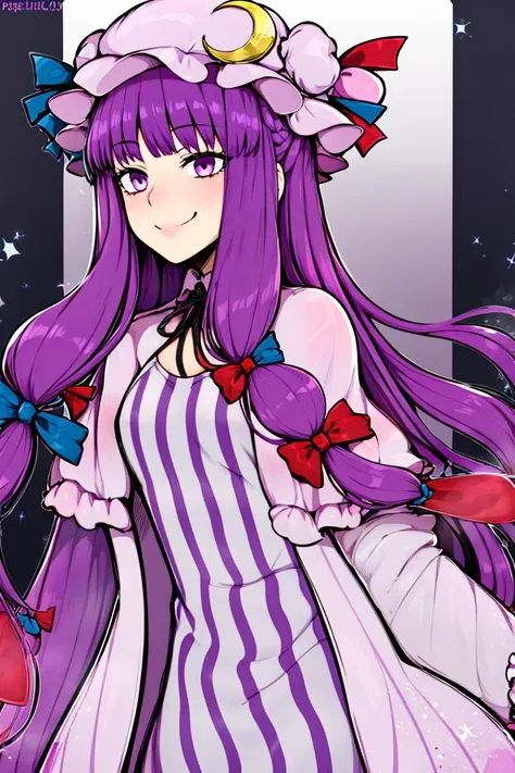 <lora:afrobull_style:0.8>,
patchouli knowledge, 1girl, dress, (purple hair, purple eyes:1), long hair, mob cap, crescent hat ornament, ribbon, dress, <lora:patchouli:0.9>, smile,