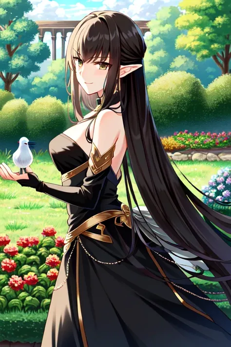 semiramis \(fate\), black dress, black fur trim, bridal gauntlets, ((masterpiece)), garden, light smile, from side, dove, <lora:char-semiramis-fate:0.7>