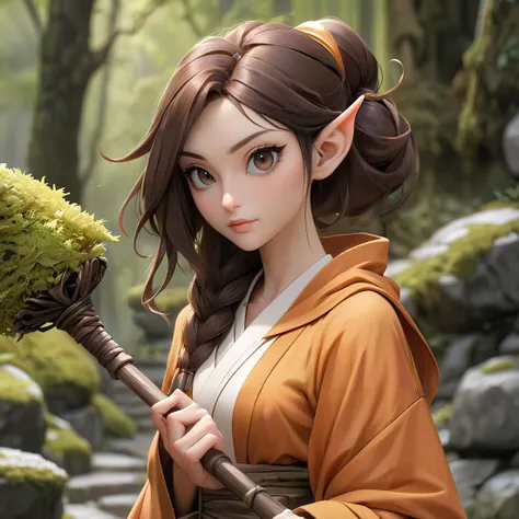 1woman, an elf monk, brunette hair in a ponytail, her clothing is orange and white monk robes, walking an old cobblestone path that is broken and covered in moss and leaves, holding an oak wood staff, portrait, beautiful 