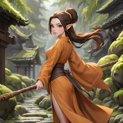 1woman, an elf monk, brunette hair in a ponytail, her clothing is orange and white monk robes, walking an old cobblestone path that is broken and covered in moss and leaves, holding an oak wood staff, portrait, beautiful