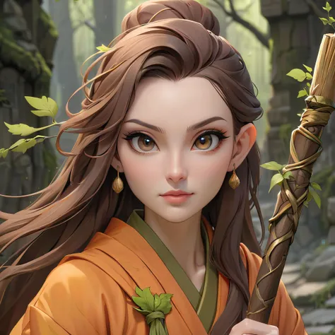 1woman, an elf monk, brunette hair in a ponytail, her clothing is orange and white monk robes, walking an old cobblestone path that is broken and covered in moss and leaves, holding an oak wood staff, portrait, beautiful, illustration