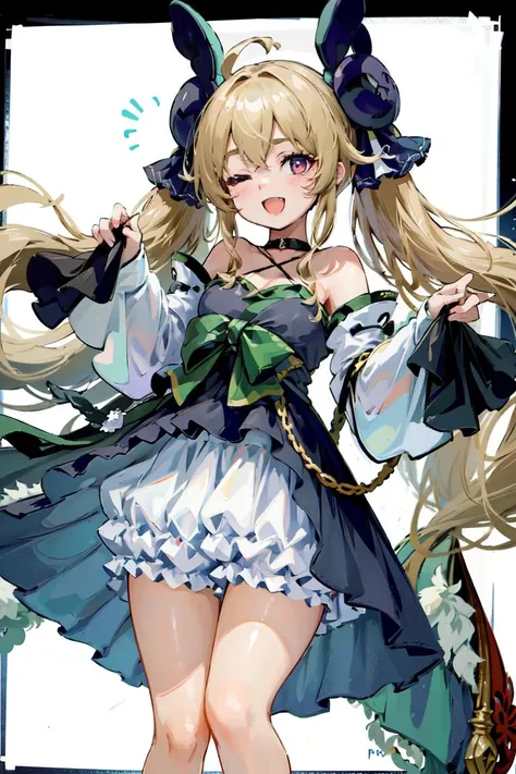 <lora:attilio_regolo_origen:0.7>,attilio_regolo\(azur_lane\),twintails,long_sleeves, bloomers,dress, green_bow, hair ribbon,white background, one eye closed, v sign,;d,, masterpiece, best quality, extremely detailed face, sharp details, high contrast,